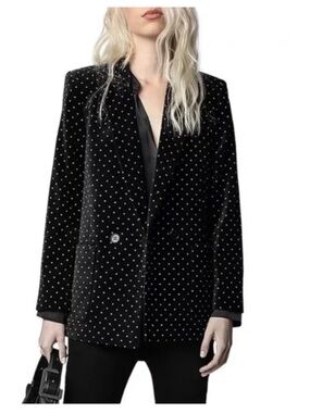 Zadig & Voltaire Visko Black Velvet Jacket with Glitter Dot Accents Size 36 NWT